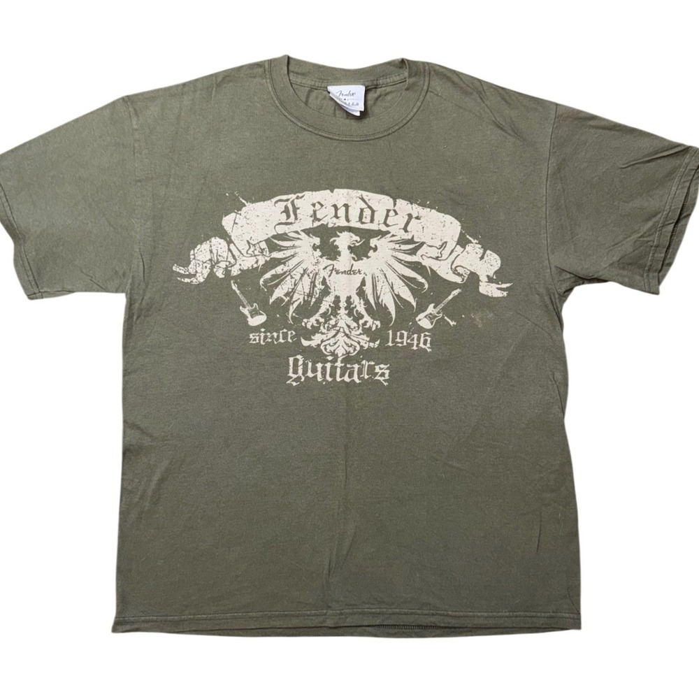 Fender Guitars Mens Large Olive Green Graphic T-Shirt Rock & Roll Lifestyle L
